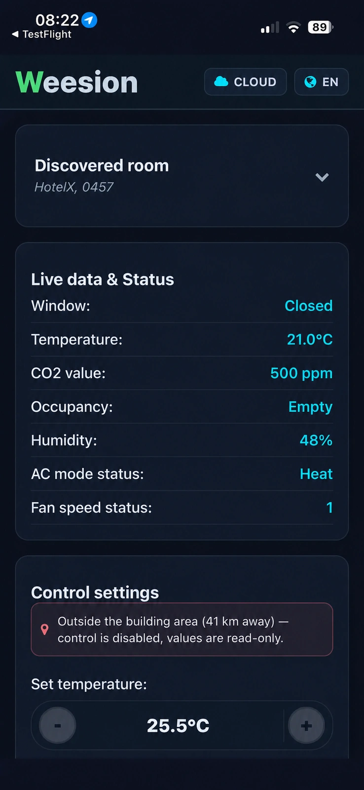 Live room data and status in Weesion App