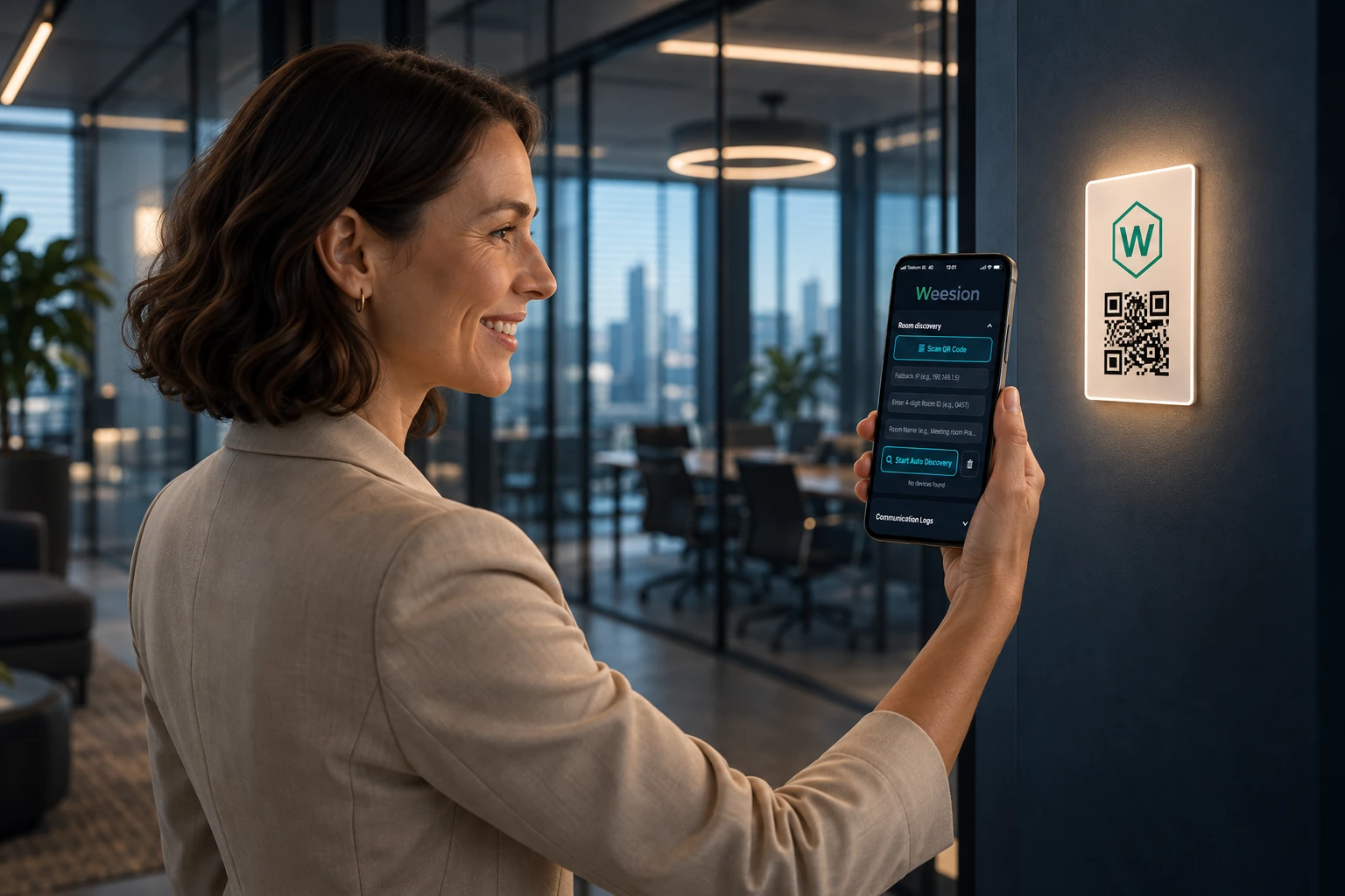 Woman scanning a room QR code with Weesion App